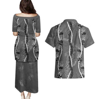 Hawaii Maile Lei Couples Matching Puletasi and Hawaiian Shirt With Gray Monstera Pattern LT05 - Polynesian Pride