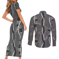 Hawaii Maile Lei Couples Matching Short Sleeve Bodycon Dress and Long Sleeve Button Shirt With Gray Monstera Pattern LT05 - Polynesian Pride