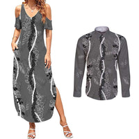 Hawaii Maile Lei Couples Matching Summer Maxi Dress and Long Sleeve Button Shirt With Gray Monstera Pattern LT05 Gray - Polynesian Pride