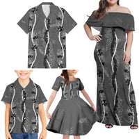 Hawaii Maile Lei Family Matching Off Shoulder Maxi Dress and Hawaiian Shirt With Gray Monstera Pattern