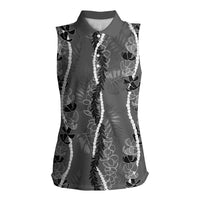 Hawaii Maile Lei Women Sleeveless Polo Shirt With Gray Monstera Pattern LT05 Female Gray - Polynesian Pride