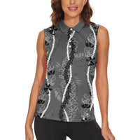 Hawaii Maile Lei Women Sleeveless Polo Shirt With Gray Monstera Pattern LT05 - Polynesian Pride
