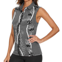 Hawaii Maile Lei Women Sleeveless Polo Shirt With Gray Monstera Pattern LT05 - Polynesian Pride