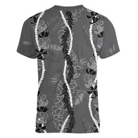 Hawaii Maile Lei Women V-Neck T-Shirt With Gray Monstera Pattern LT05 - Polynesian Pride