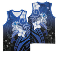 Polynesia Hammerhead Shark Basketball Jersey Blue Tribal Pattern With Plumeria LT05 - Polynesian Pride