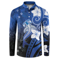 Polynesia Hammerhead Shark Button Sweatshirt Blue Tribal Pattern With Plumeria LT05 Blue - Polynesian Pride