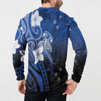 Polynesia Hammerhead Shark Button Sweatshirt Blue Tribal Pattern With Plumeria LT05 - Polynesian Pride