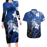 Polynesia Hammerhead Shark Couples Matching Long Sleeve Bodycon Dress and Hawaiian Shirt Blue Tribal Pattern With Plumeria LT05 Blue - Polynesian Pride