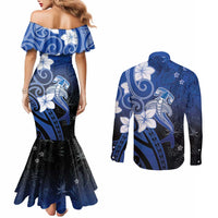Polynesia Hammerhead Shark Couples Matching Mermaid Dress and Long Sleeve Button Shirt Blue Tribal Pattern With Plumeria LT05 - Polynesian Pride