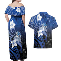 Polynesia Hammerhead Shark Couples Matching Off Shoulder Maxi Dress and Hawaiian Shirt Blue Tribal Pattern With Plumeria LT05 - Polynesian Pride