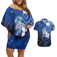 Polynesia Hammerhead Shark Couples Matching Off Shoulder Short Dress and Hawaiian Shirt Blue Tribal Pattern With Plumeria LT05 Blue - Polynesian Pride