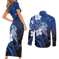 Polynesia Hammerhead Shark Couples Matching Short Sleeve Bodycon Dress and Long Sleeve Button Shirt Blue Tribal Pattern With Plumeria LT05 - Polynesian Pride