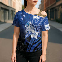 Polynesia Hammerhead Shark Cross Shoulder Shirt Blue Tribal Pattern With Plumeria LT05 - Polynesian Pride