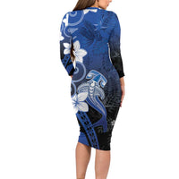 Polynesia Hammerhead Shark Family Matching Long Sleeve Bodycon Dress and Hawaiian Shirt Blue Tribal Pattern With Plumeria - Polynesian Pride