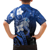 Polynesia Hammerhead Shark Family Matching Off The Shoulder Long Sleeve Dress and Hawaiian Shirt Blue Tribal Pattern With Plumeria - Polynesian Pride