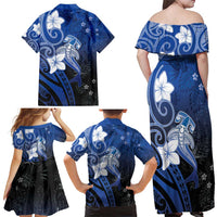 Polynesia Hammerhead Shark Family Matching Off Shoulder Maxi Dress and Hawaiian Shirt Blue Tribal Pattern With Plumeria - Polynesian Pride