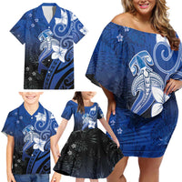 Polynesia Hammerhead Shark Family Matching Off Shoulder Short Dress and Hawaiian Shirt Blue Tribal Pattern With Plumeria - Polynesian Pride
