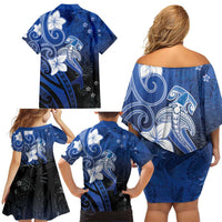 Polynesia Hammerhead Shark Family Matching Off Shoulder Short Dress and Hawaiian Shirt Blue Tribal Pattern With Plumeria - Polynesian Pride