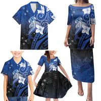 Polynesia Hammerhead Shark Family Matching Puletasi and Hawaiian Shirt Blue Tribal Pattern With Plumeria LT05 - Polynesian Pride