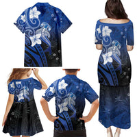 Polynesia Hammerhead Shark Family Matching Puletasi and Hawaiian Shirt Blue Tribal Pattern With Plumeria LT05 - Polynesian Pride