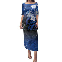 Polynesia Hammerhead Shark Family Matching Puletasi and Hawaiian Shirt Blue Tribal Pattern With Plumeria LT05 Mom's Dress Blue - Polynesian Pride