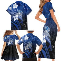 Polynesia Hammerhead Shark Family Matching Short Sleeve Bodycon Dress and Hawaiian Shirt Blue Tribal Pattern With Plumeria - Polynesian Pride