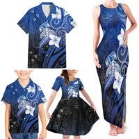 Polynesia Hammerhead Shark Family Matching Tank Maxi Dress and Hawaiian Shirt Blue Tribal Pattern With Plumeria - Polynesian Pride