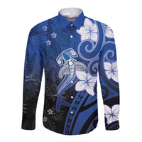 Polynesia Hammerhead Shark Long Sleeve Button Shirt Blue Tribal Pattern With Plumeria LT05 Unisex Blue - Polynesian Pride