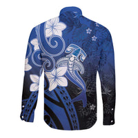 Polynesia Hammerhead Shark Long Sleeve Button Shirt Blue Tribal Pattern With Plumeria LT05 - Polynesian Pride