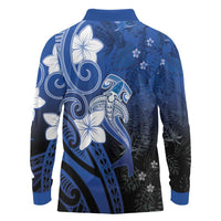 Polynesia Hammerhead Shark Long Sleeve Polo Shirt Blue Tribal Pattern With Plumeria LT05 - Polynesian Pride
