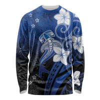 Polynesia Hammerhead Shark Long Sleeve Shirt Blue Tribal Pattern With Plumeria LT05 Unisex Blue - Polynesian Pride