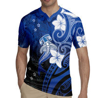 Polynesia Hammerhead Shark Rugby Jersey Blue Tribal Pattern With Plumeria - Polynesian Pride