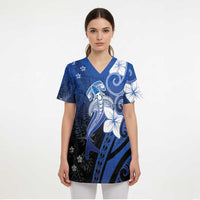 Polynesia Hammerhead Shark Scrub Top Blue Tribal Pattern With Plumeria LT05 - Polynesian Pride