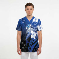 Polynesia Hammerhead Shark Scrub Top Blue Tribal Pattern With Plumeria LT05 - Polynesian Pride
