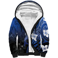 Polynesia Hammerhead Shark Sherpa Hoodie Blue Tribal Pattern With Plumeria - Polynesian Pride
