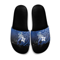 Polynesia Hammerhead Shark Slide Sandals Blue Tribal Pattern With Plumeria - Polynesian Pride