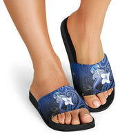 Polynesia Hammerhead Shark Slide Sandals Blue Tribal Pattern With Plumeria - Polynesian Pride