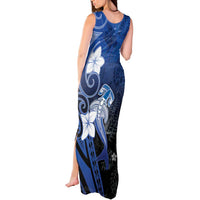 Polynesia Hammerhead Shark Tank Maxi Dress Blue Tribal Pattern With Plumeria - Polynesian Pride