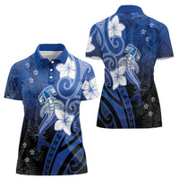 Polynesia Hammerhead Shark Women Polo Shirt Blue Tribal Pattern With Plumeria LT05 - Polynesian Pride