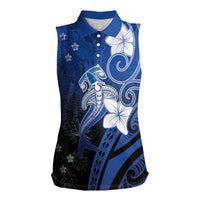 Polynesia Hammerhead Shark Women Sleeveless Polo Shirt Blue Tribal Pattern With Plumeria LT05 Female Blue - Polynesian Pride
