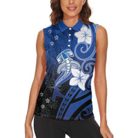 Polynesia Hammerhead Shark Women Sleeveless Polo Shirt Blue Tribal Pattern With Plumeria LT05 - Polynesian Pride