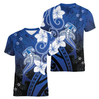 Polynesia Hammerhead Shark Women V-Neck T-Shirt Blue Tribal Pattern With Plumeria LT05 - Polynesian Pride