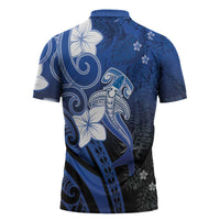 Polynesia Hammerhead Shark Zipper Polo Shirt Blue Tribal Pattern With Plumeria LT05 - Polynesian Pride