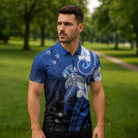 Polynesia Hammerhead Shark Zipper Polo Shirt Blue Tribal Pattern With Plumeria LT05 - Polynesian Pride