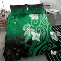 Polynesia Hammerhead Shark Bedding Set Green Tribal Pattern With Plumeria - Polynesian Pride