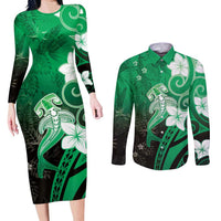Polynesia Hammerhead Shark Couples Matching Long Sleeve Bodycon Dress and Long Sleeve Button Shirt Green Tribal Pattern With Plumeria LT05 Green - Polynesian Pride