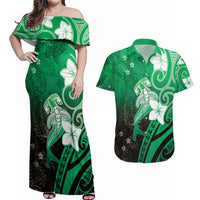 Polynesia Hammerhead Shark Couples Matching Off Shoulder Maxi Dress and Hawaiian Shirt Green Tribal Pattern With Plumeria LT05 Green - Polynesian Pride