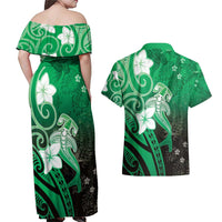 Polynesia Hammerhead Shark Couples Matching Off Shoulder Maxi Dress and Hawaiian Shirt Green Tribal Pattern With Plumeria LT05 - Polynesian Pride