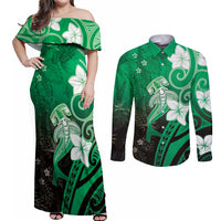 Polynesia Hammerhead Shark Couples Matching Off Shoulder Maxi Dress and Long Sleeve Button Shirt Green Tribal Pattern With Plumeria LT05 Green - Polynesian Pride