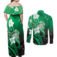 Polynesia Hammerhead Shark Couples Matching Off Shoulder Maxi Dress and Long Sleeve Button Shirt Green Tribal Pattern With Plumeria LT05 - Polynesian Pride